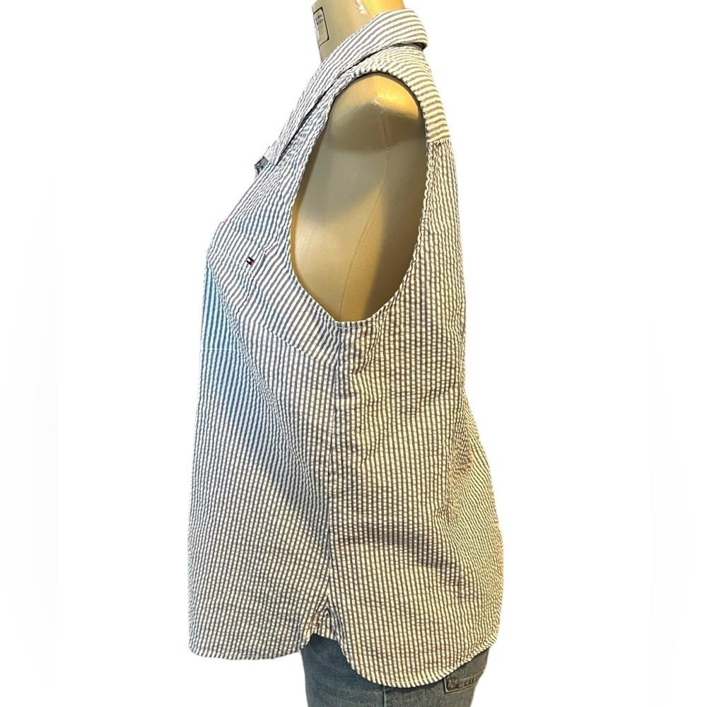 Tommy Hilfiger Seersucker Blue and White Striped Button Down Sleeveless Top - Picture 5 of 13